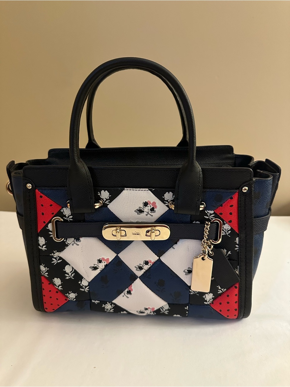 Coach Black, Blue, White & Red Floral Patchwork Top-Handle Satchel